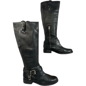 Vince Camuto Kabo Leather Knee High Riding Boot 7.5 Equestrian Strap Gold Buckle